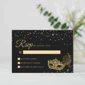 Elegante zwart en gouden Glitter Masquerade RSVP Kaartje (Staand voorkant)
