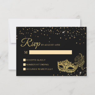 Elegante zwart en gouden Glitter Masquerade RSVP Kaartje