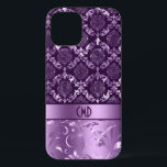 Elegante zwart en metallic Paarse damast & kant C Case-Mate iPhone Case<br><div class="desc">Elegant  meisje- bloemendamkers en kant in zwart en paars. Aangepast monogram.</div>