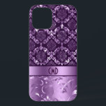 Elegante zwart en metallic Paarse damast & kant C Case-Mate iPhone Case<br><div class="desc">Elegant  meisje- bloemendamkers en kant in zwart en paars. Aangepast monogram.</div>