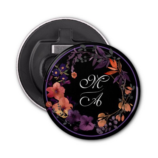 Elegante zwart en Paarse bloemenbruiloft gunst Button Flesopener (Voorkant)