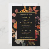 Elegante zwart en roest herfst bloemenbruiloft kaart (Voorkant)