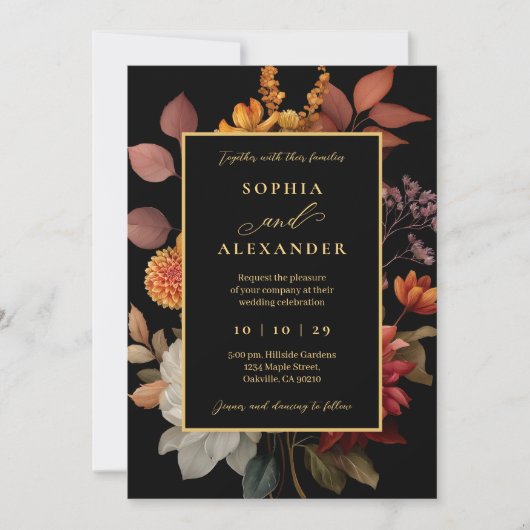 Elegante zwart en roest herfst bloemenbruiloft kaart (Voorkant)