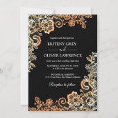 Elegante zwart en Roos gouden bloemenkant bruiloft Kaart (Voorkant)