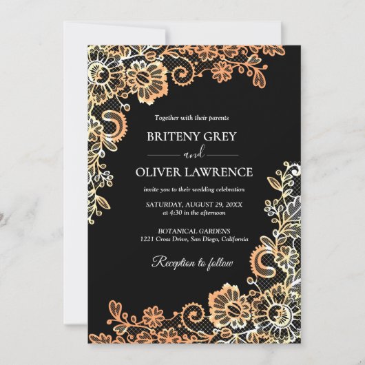 Elegante zwart en Roos gouden bloemenkant bruiloft Kaart (Voorkant)