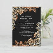 Elegante zwart en Roos gouden bloemenkant bruiloft Kaart (Staand voorkant)