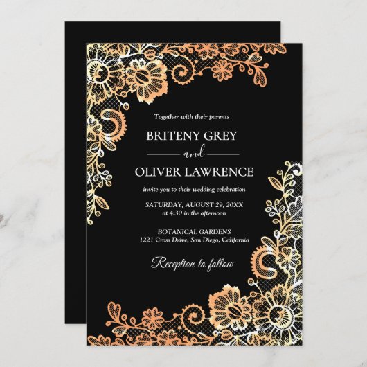 Elegante zwart en Roos gouden bloemenkant bruiloft Kaart (Voorkant / Achterkant)