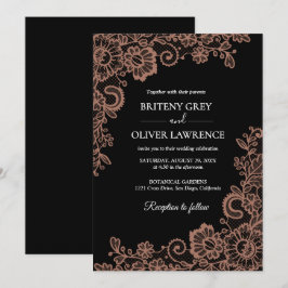 Elegante zwart en Roos gouden bloemenkant bruiloft Kaart