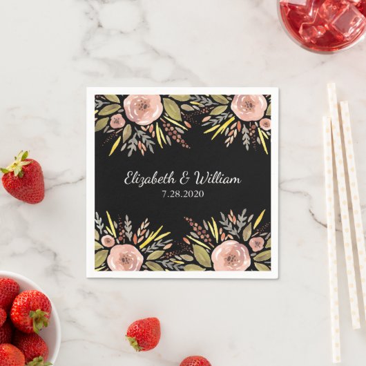 Elegante Zwart en Roos Waterverf Bloemen bruiloft Servetten (Insitu)