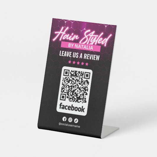 Elegante zwart en roze kapsalon Facebook Review Reclamebord Met Voetstuk (Voorkant)