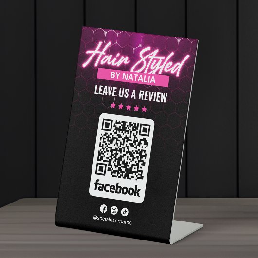 Elegante zwart en roze kapsalon Facebook Review Reclamebord Met Voetstuk