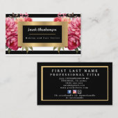 Elegante Zwart en Wit Gestreept Bloemmotief Visitekaartje (Voorkant / Achterkant)