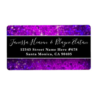 Elegante Zwart en Wit Huwelijk Paarse Glitters Etiket