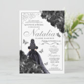 Elegante Zwart en Zilver Bloemstuk Quinceanera Kaart (Staand voorkant)