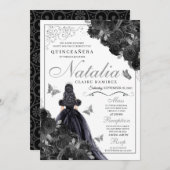 Elegante Zwart en Zilver Bloemstuk Quinceanera Kaart (Voorkant / Achterkant)