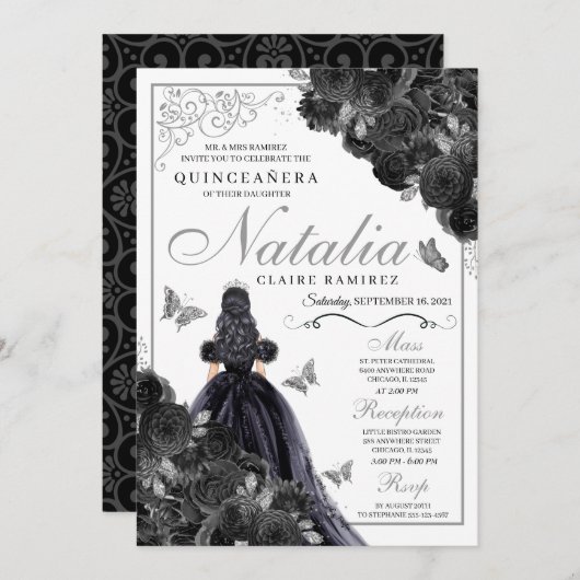Elegante Zwart en Zilver Bloemstuk Quinceanera Kaart (Voorkant / Achterkant)