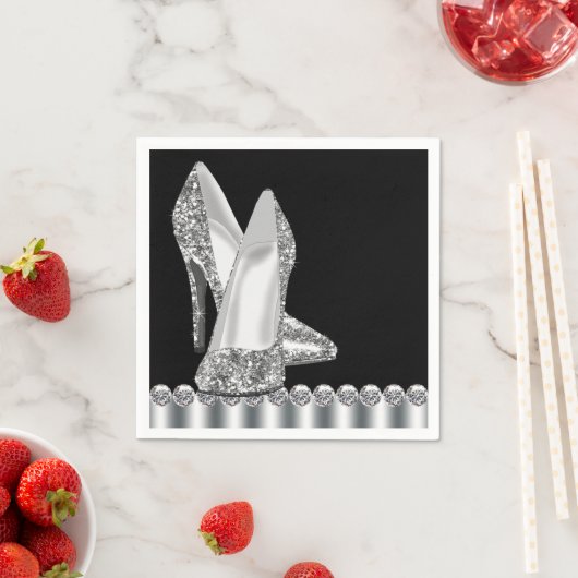 Elegante zwart en zilver glitter hoge hak schoen servetten (Insitu)