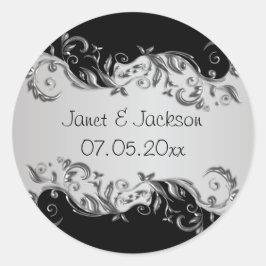Elegante zwart en zilveren bloemenbruiloft ronde sticker