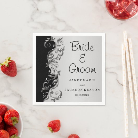 Elegante zwart en zilveren bloemenbruiloft servet (Insitu)