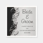 Elegante zwart en zilveren bloemenbruiloft servet (Voorkant)