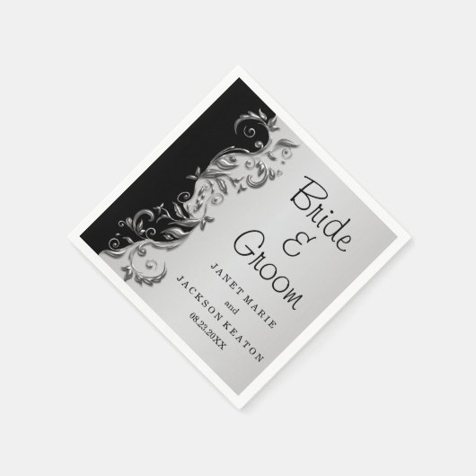 Elegante zwart en zilveren bloemenbruiloft servet (Hoek)