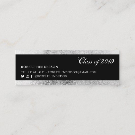 Elegante zwart en zilveren folie insert afstuderen contactkaartje (Achterkant)