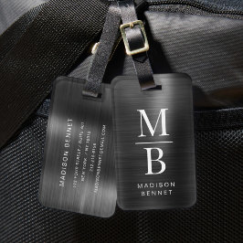 Elegante zwart geborsteld metalen met monogram  bagagelabel