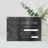 Elegante zwart geborstelde metalen glitter script  RSVP kaartje (Staand voorkant)