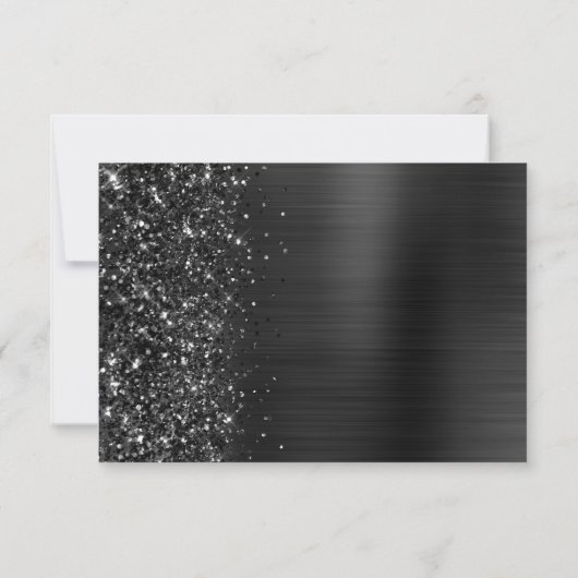 Elegante zwart geborstelde metalen glitter script  RSVP kaartje (Achterkant)