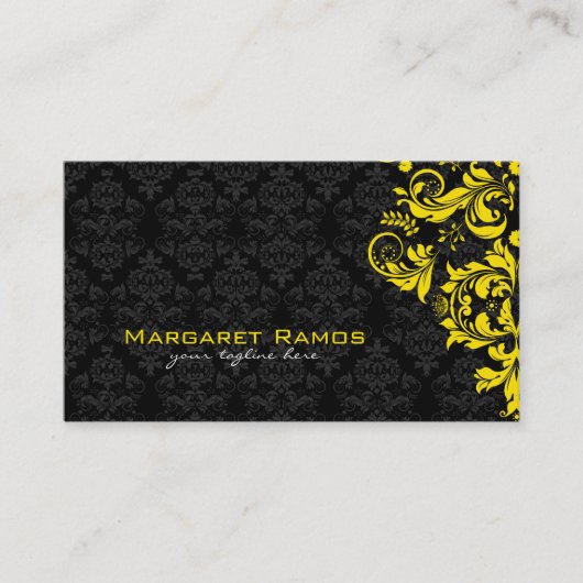 Elegante zwart-gele  bloemdamast visitekaartje (Voorkant)