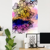 Elegante zwart gevoerde bloesems op pastel Waterve Poster (Thuiskantoor)