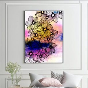 Elegante zwart gevoerde bloesems op pastel Waterve Poster