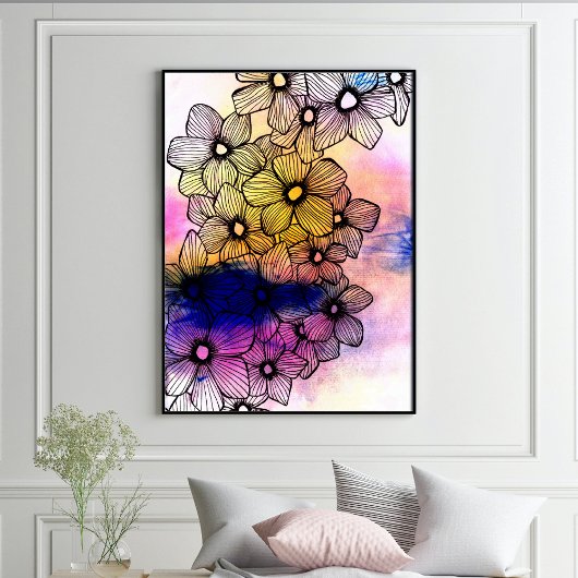 Elegante zwart gevoerde bloesems op pastel Waterve Poster