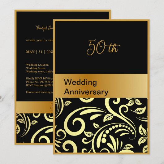 Elegante Zwart Goud 50e Huwelijksverjaardag Kaart (Voorkant / Achterkant)