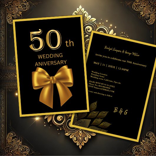 elegante zwart & goud 50e verjaardag trouwkaart