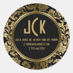 Elegante zwart & goud bloemdamast 2 patroon ronde sticker