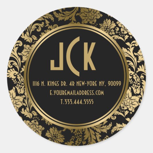 Elegante zwart & goud bloemdamast 2 patroon ronde sticker (Voorkant)