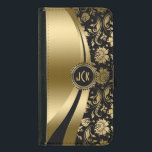 Elegante zwart & goud bloemdamast & dynamische lij<br><div class="desc">Zwart en gouden tinten glanzend metallic bloemendamast en dynamisch modern lijnontwerp. Aangepast en optioneel monogram. Verschillende variaties op dit ontwerp, met verschillende positie van de elementen. Geen echte glitter of metallic afwerking, maar digitaal afbeelding effect. Als u hulp nodig hebt bij het aanpassen, veranderen van kleur, of iets anders aan...</div>
