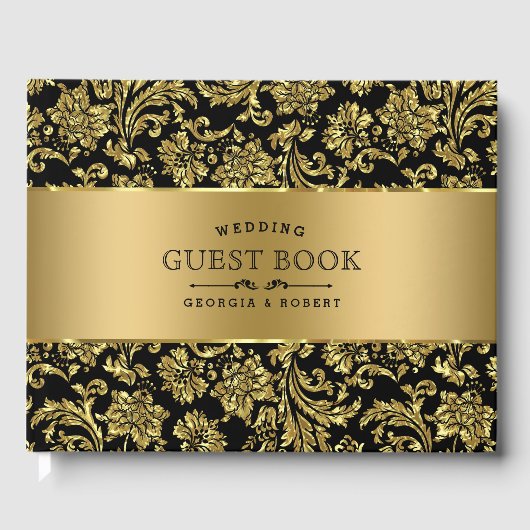 Elegante zwart & goud bloemdamast gastenboek (Voorkant)