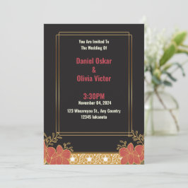Elegante Zwart & Goud Bloemen Huwelijksuitnodiging Kaart