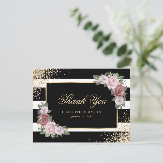 Elegante zwart goud blush roze bloem Dank u Briefkaart (Staand voorkant)