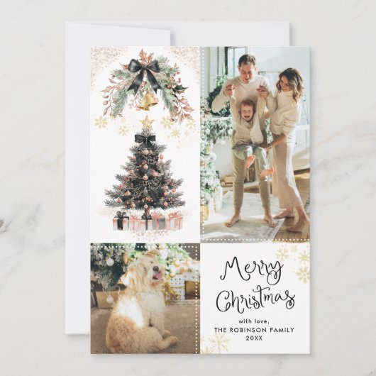 Elegante Zwart & Goud Bogen Vrolijk Kerstmis 2 Fot Feestdagenkaart (Voorkant)