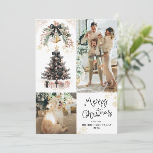 Elegante Zwart & Goud Bogen Vrolijk Kerstmis 2 Fot Feestdagenkaart (Staand voorkant)