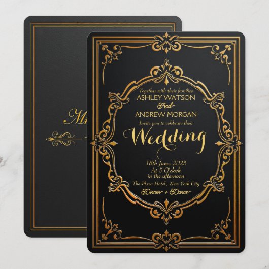 Elegante Zwart & Goud bruiloft uitnodiging Sjabloo (Voorkant / Achterkant)
