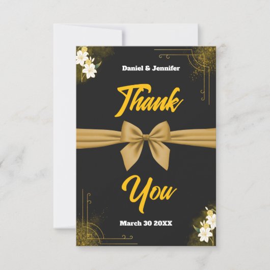Elegante Zwart & Goud bruiloft waardering Bloemen Bedankkaart (Voorkant)