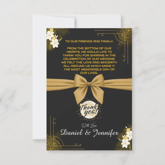 Elegante Zwart & Goud bruiloft waardering Bloemen Bedankkaart (Achterkant)