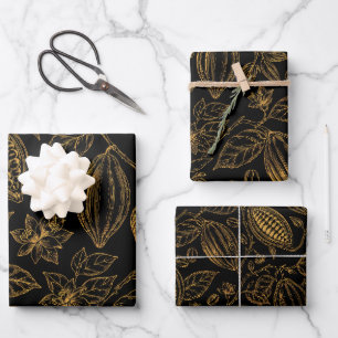 Elegante Zwart Goud Cacao Bloem Vrucht Zakelijk Inpakpapier Vel