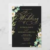 Elegante Zwart Goud Folie Script Greenery Wedding Kaart (Voorkant)