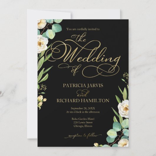 Elegante Zwart Goud Folie Script Greenery Wedding Kaart (Voorkant)