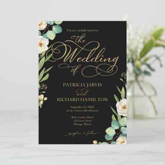 Elegante Zwart Goud Folie Script Greenery Wedding Kaart (Staand voorkant)